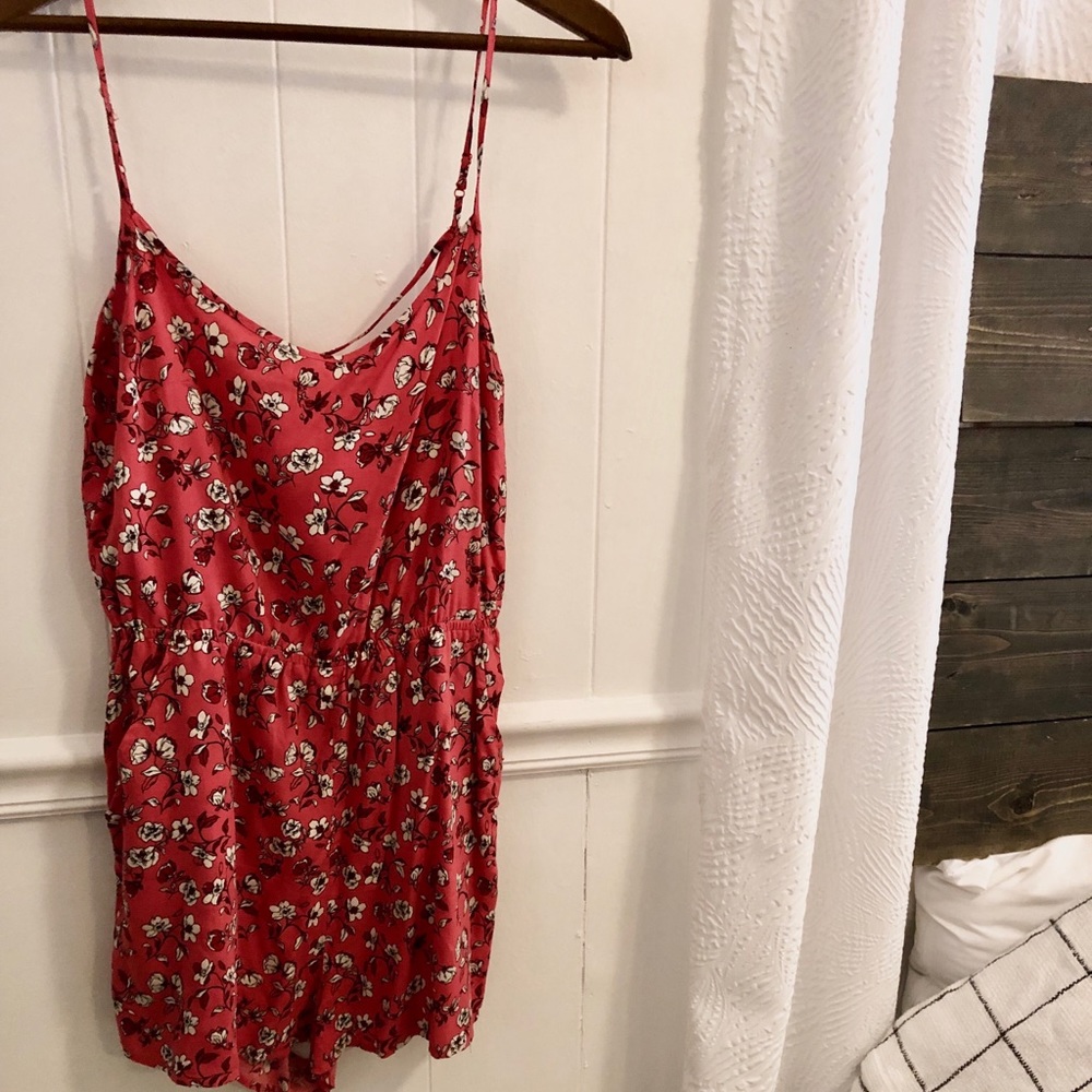 Coral Floral Romper with Pockets, Cute Back